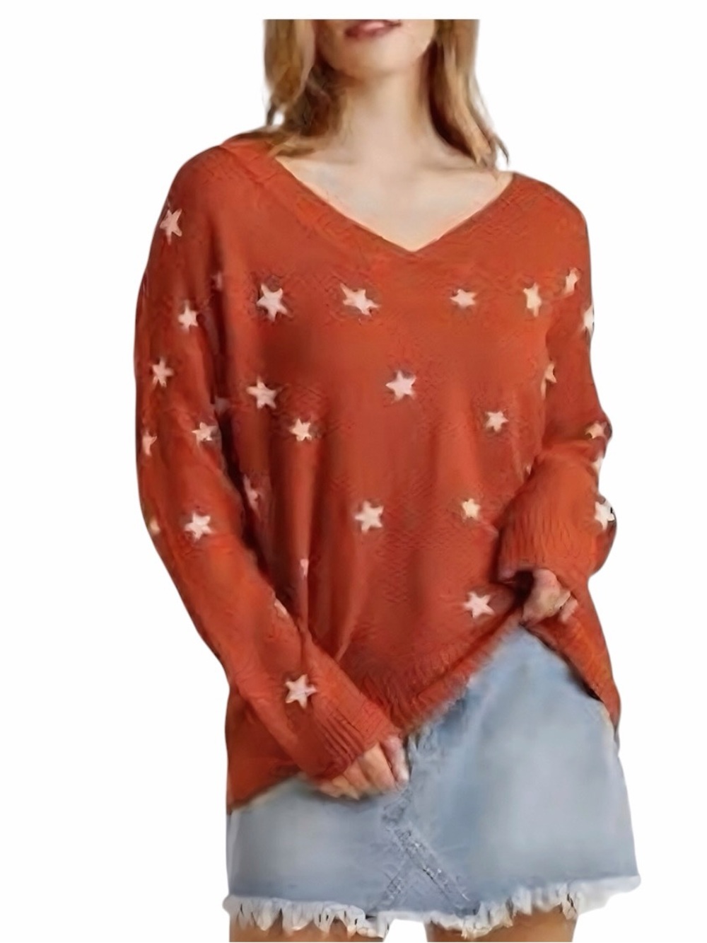 NEW Umgee Burnt Orange Rust & White Star Lightweight Comfy Crewneck Sweater
